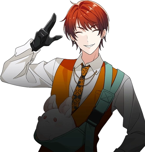 Anime stílusú, vörös hajú férfi karakter, aki mosolyog és békés jelzést mutat, mellényt és nyakkendőt visel, aranyos állat kiegészítővel.