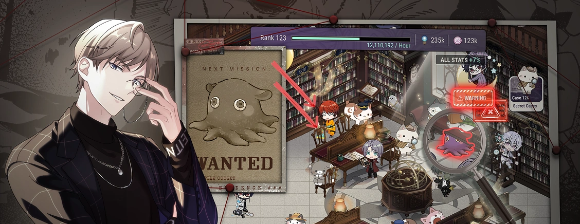 Stílusos anime férfi karakter ezüst hajjal, modern ruhában, részletes vizuális regény játék felületének hátterében.