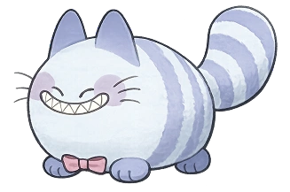 Imádnivaló, pufók rajzfilm macska csíkos farokkal és széles mosollyal, lágy pasztell anime stílusban ábrázolva.