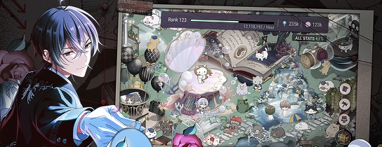 Fantasy anime játék felülete, amely részletes illusztrált világtérképet mutat be karakterekkel és interaktív elemekkel.